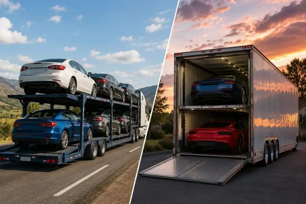 An open car transporter beside an enclosed transporter carrying cars